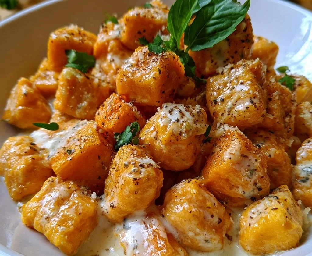 Gnocchi di zucca con crema di gorgonzola serviti in un piatto elegante