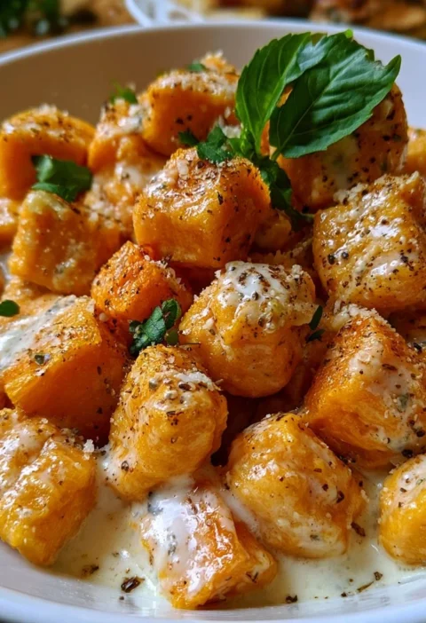 Gnocchi di zucca con crema di gorgonzola serviti in un piatto elegante