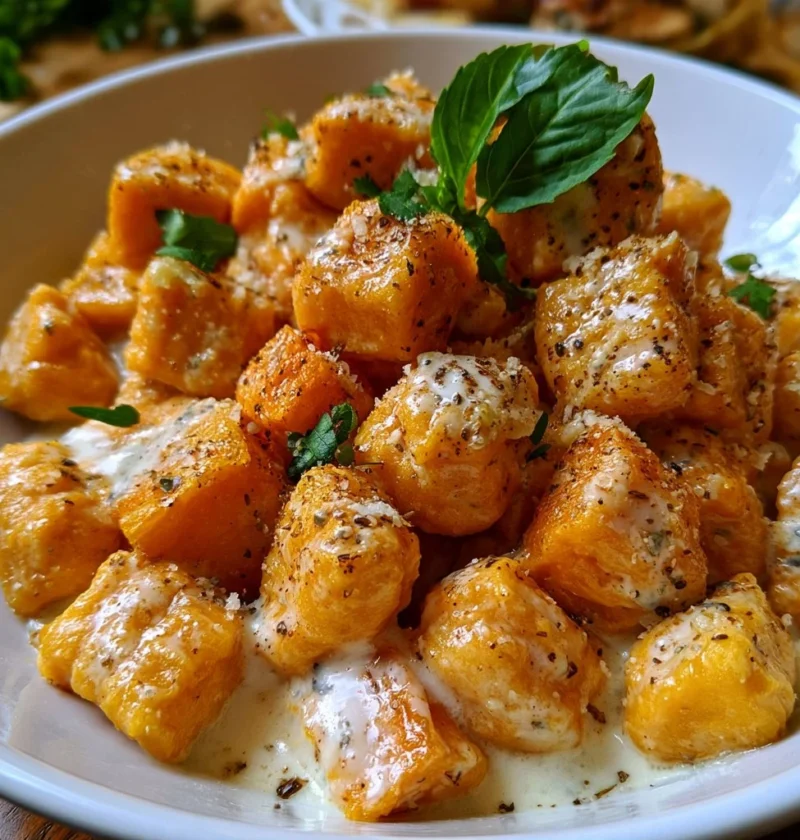 Gnocchi di zucca con crema di gorgonzola serviti in un piatto elegante