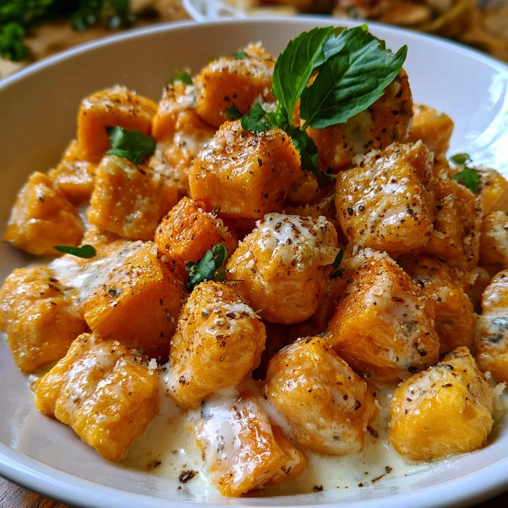 Gnocchi di zucca con crema di gorgonzola serviti in un piatto elegante
