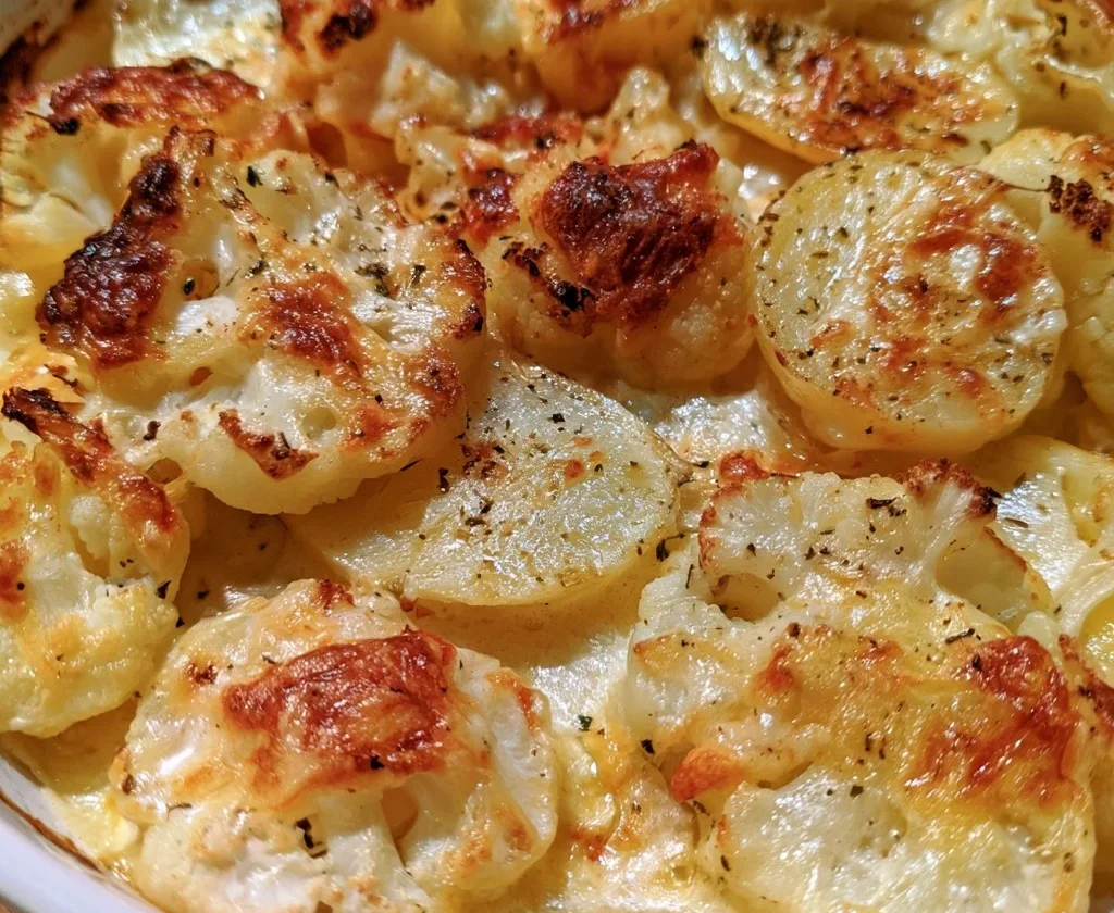 Gratin di cavolfiore e patate al forno, pietanza ricca e cremosa
