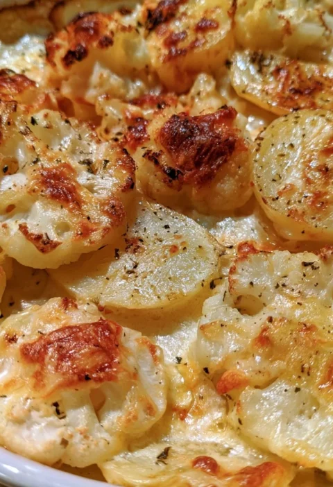 Gratin di cavolfiore e patate al forno, pietanza ricca e cremosa