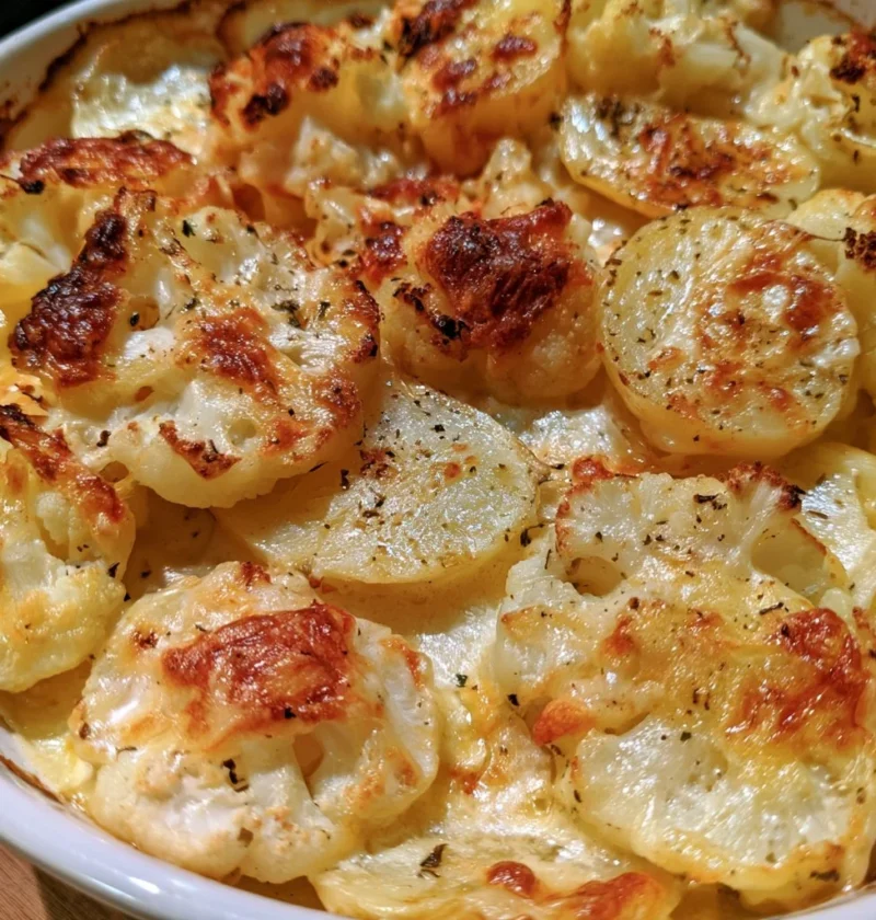 Gratin di cavolfiore e patate al forno, pietanza ricca e cremosa