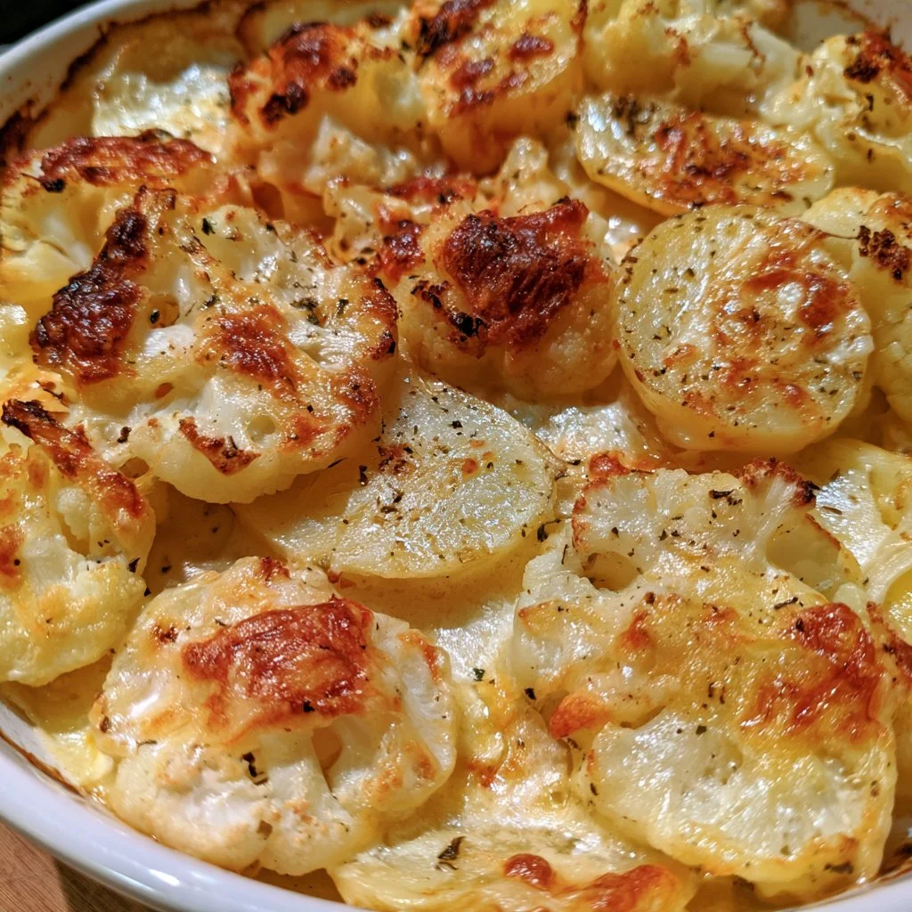 Gratin di cavolfiore e patate al forno, pietanza ricca e cremosa