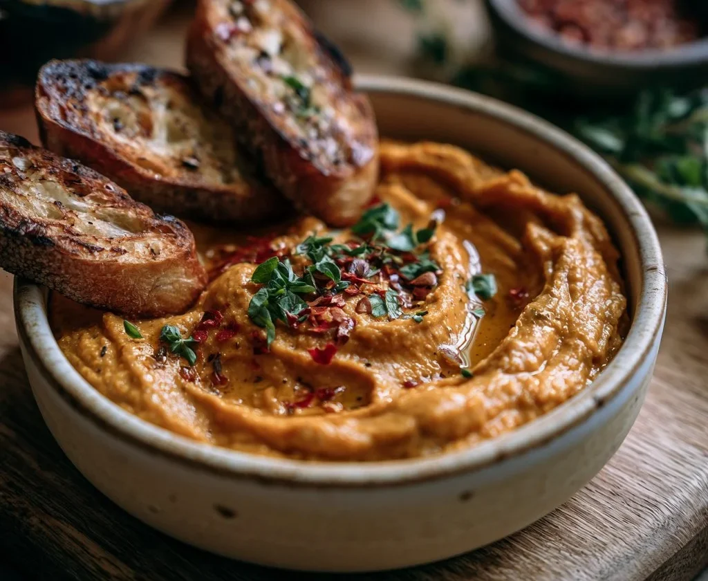 Hummus di zucca servito con crostini croccanti