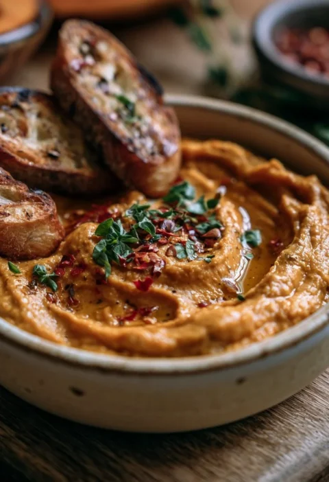 Hummus di zucca servito con crostini croccanti