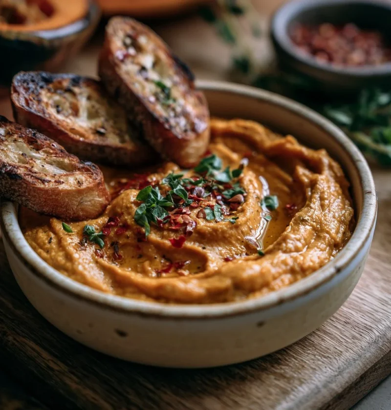 Hummus di zucca servito con crostini croccanti