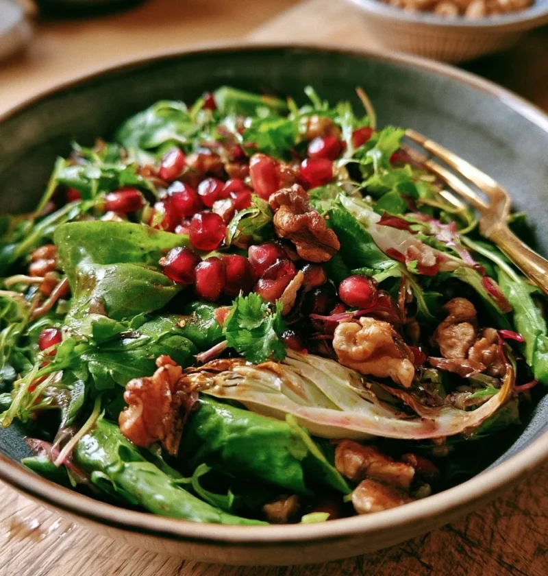 Insalata autunnale con melagrana, finocchi e noci, un piatto sano e gustoso.