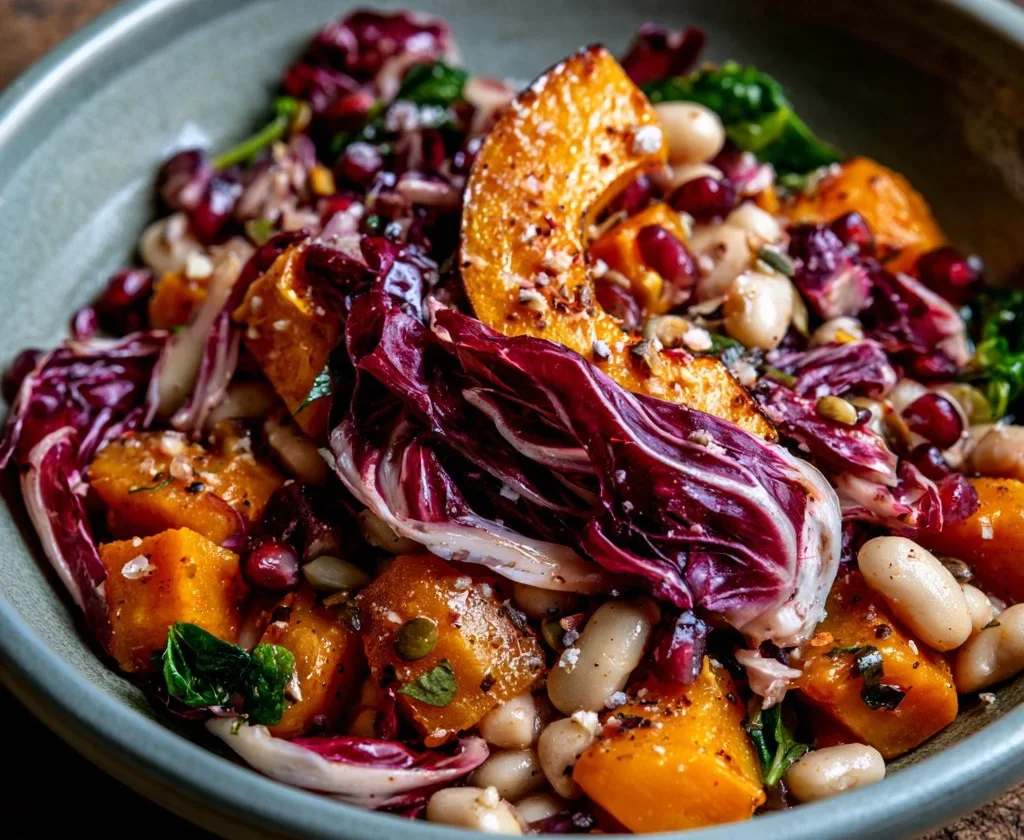 Insalata di fagioli cannellini con zucca e radicchio in un piatto colorato