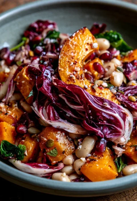 Insalata di fagioli cannellini con zucca e radicchio in un piatto colorato