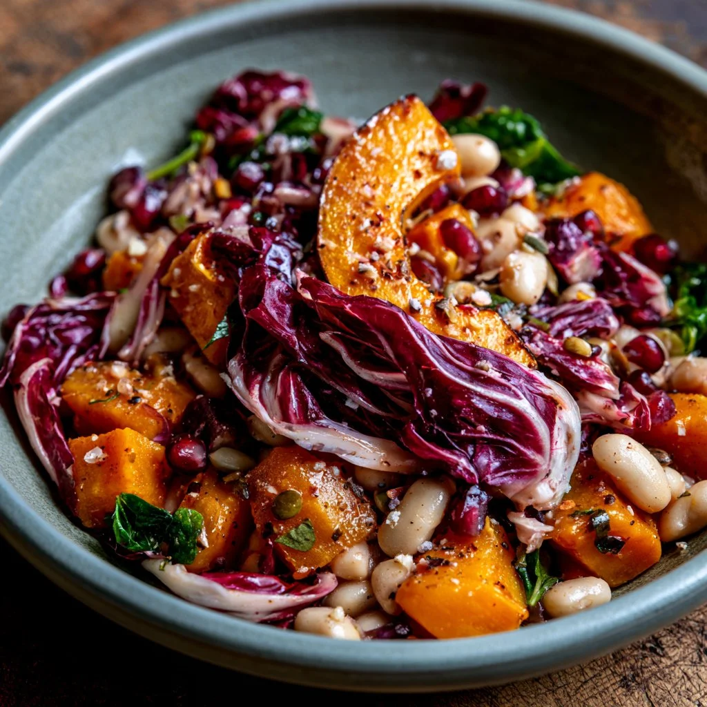 Insalata di fagioli cannellini con zucca e radicchio in un piatto colorato