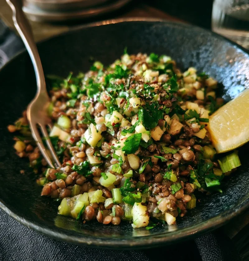 Insalata di lenticchie, mela e sedano pronta da servire in un piatto colorato.