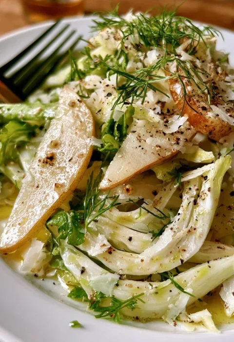Insalata di pere, finocchi e parmigiano servita in un piatto elegante