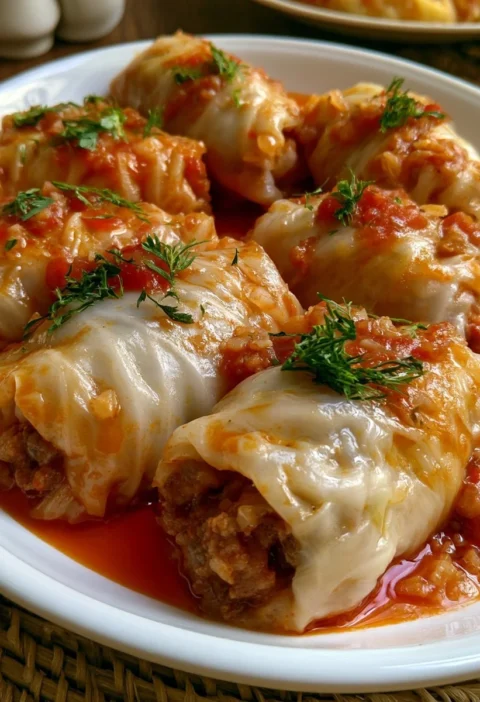 Involtini di verza con carne e riso serviti in un piatto