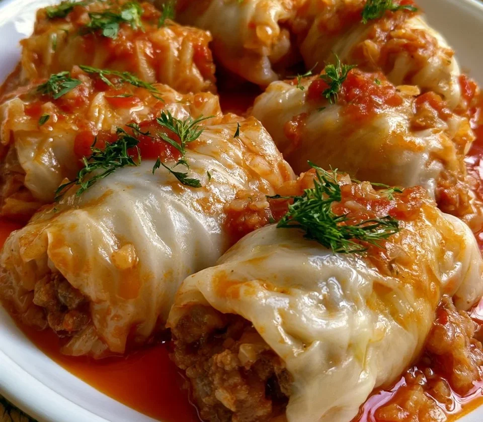 Involtini di verza con carne e riso serviti in un piatto