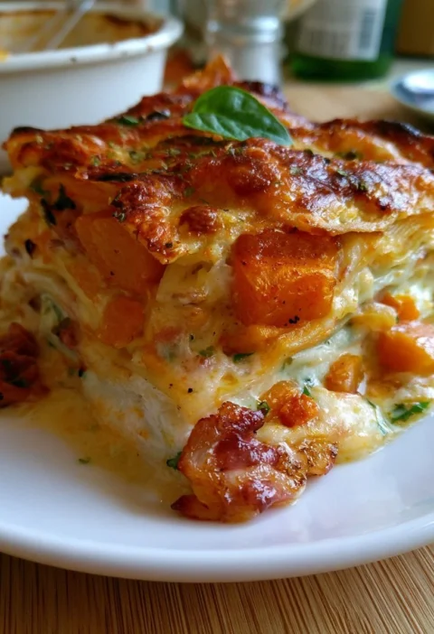 Piatto di lasagne alla zucca con speck e scamorza servito in una teglia