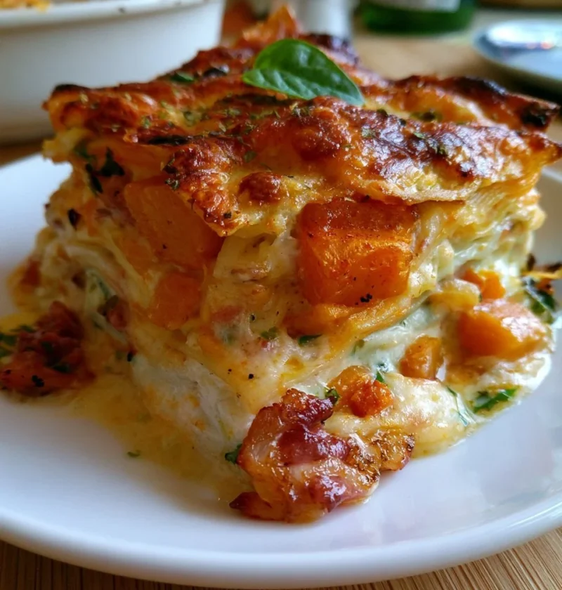 Piatto di lasagne alla zucca con speck e scamorza servito in una teglia