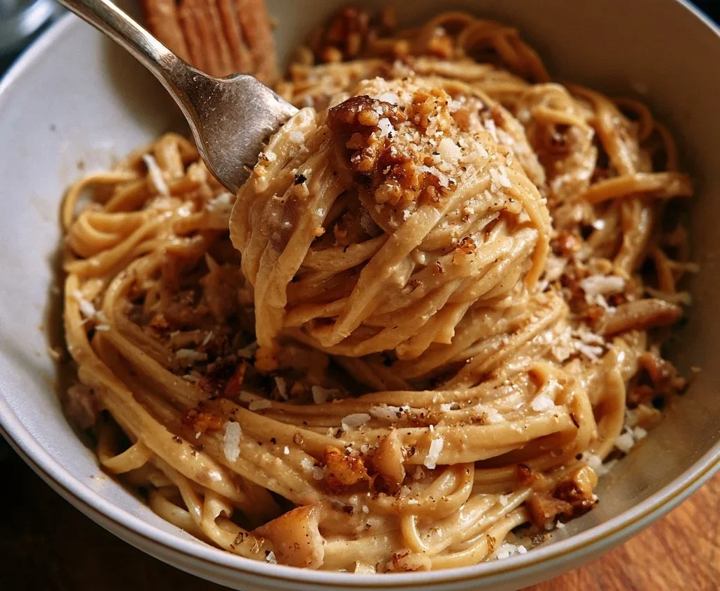 Piatto di linguine con crema di noci, pere e pecorino gourmet
