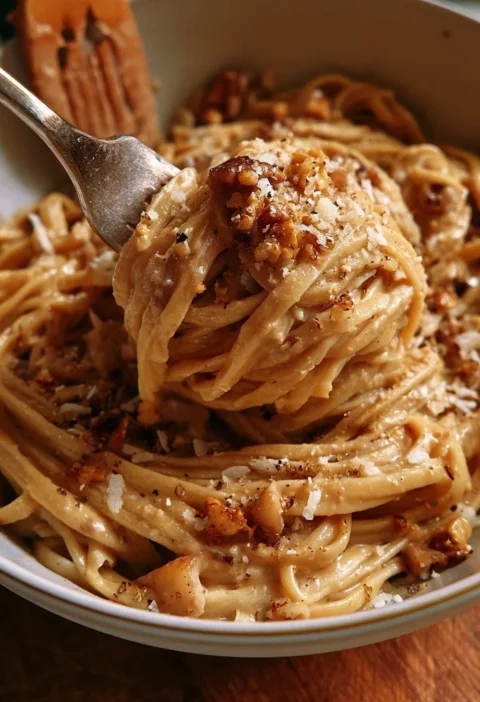 Piatto di linguine con crema di noci, pere e pecorino gourmet