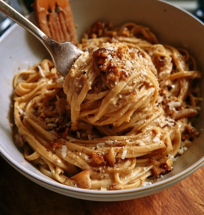 Piatto di linguine con crema di noci, pere e pecorino gourmet