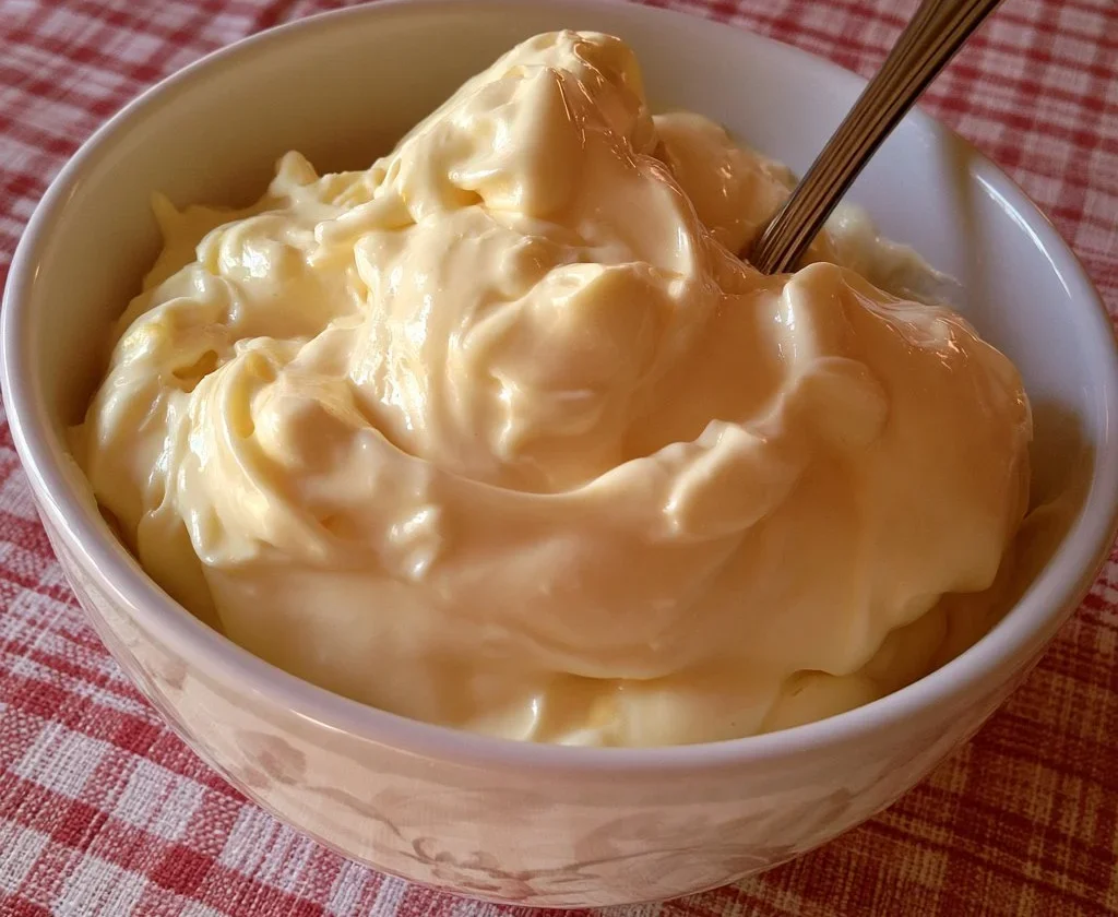 Maionese fatta in casa in una ciotola con ingredienti freschi