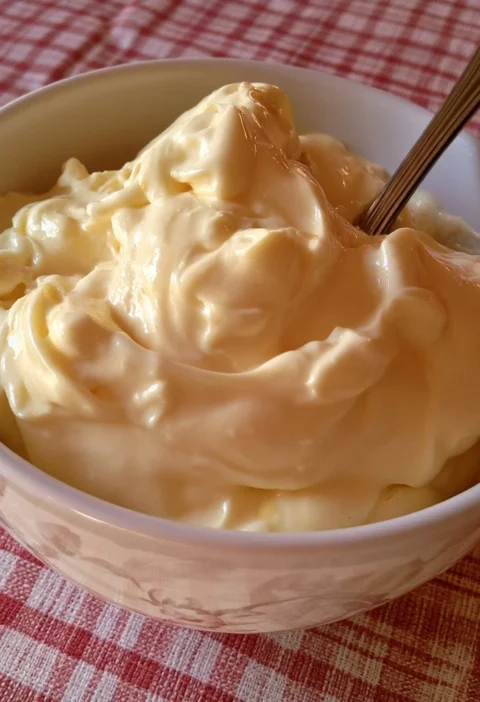 Maionese fatta in casa in una ciotola con ingredienti freschi