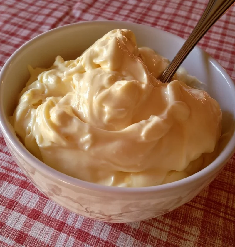 Maionese fatta in casa in una ciotola con ingredienti freschi