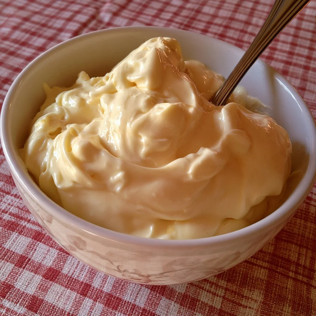 Maionese fatta in casa in una ciotola con ingredienti freschi