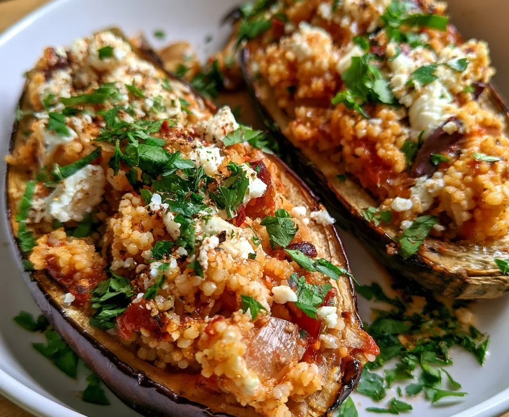 Melanzane ripiene di cous cous e feta su un piatto decorato