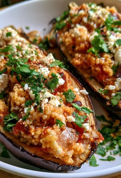 Melanzane ripiene di cous cous e feta su un piatto decorato