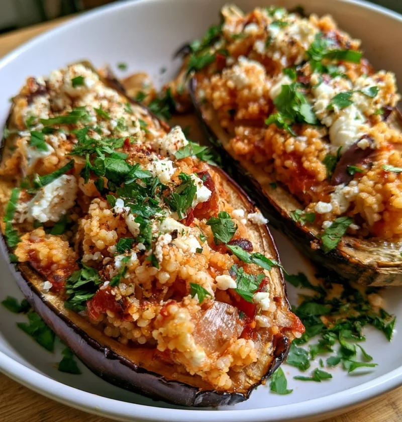 Melanzane ripiene di cous cous e feta su un piatto decorato