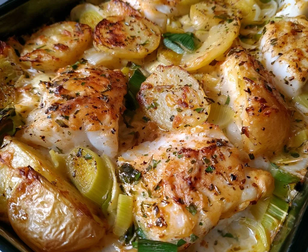 Merluzzo al forno con porri e patate, un delizioso piatto mediterraneo
