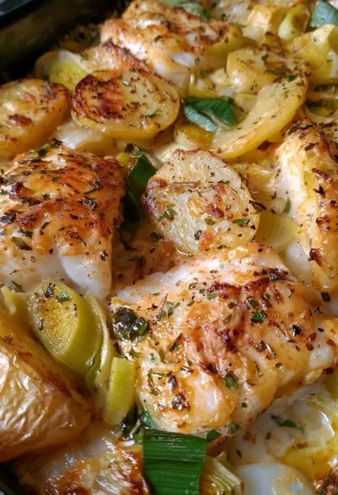 Merluzzo al forno con porri e patate, un delizioso piatto mediterraneo