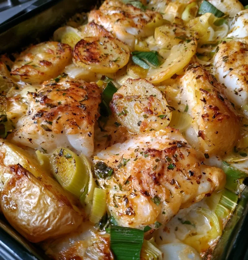 Merluzzo al forno con porri e patate, un delizioso piatto mediterraneo