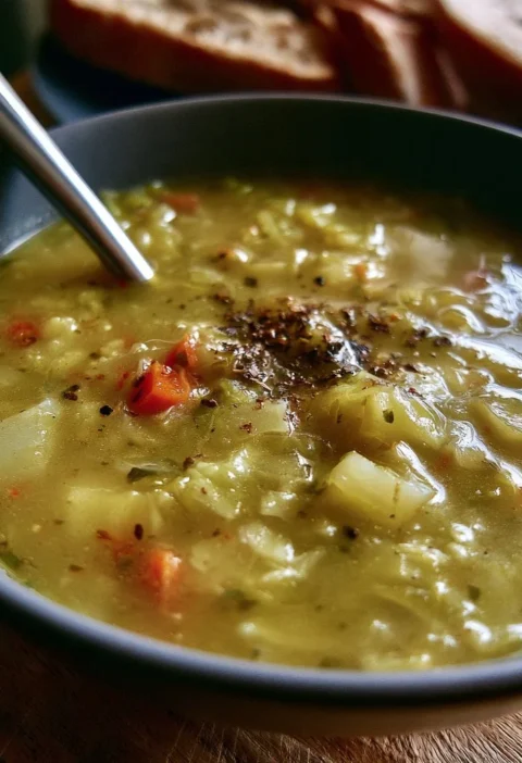 Minestra di cavolo verza e patate servita in una ciotola.