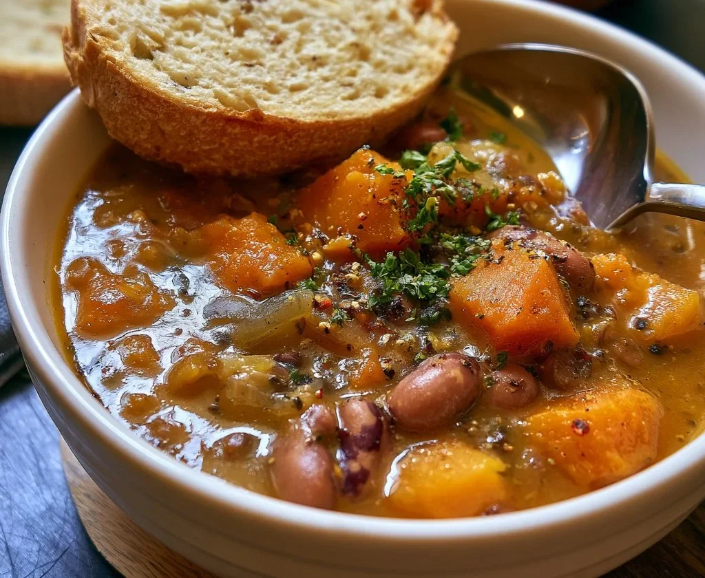 Minestra di fagioli borlotti e zucca servita in una ciotola