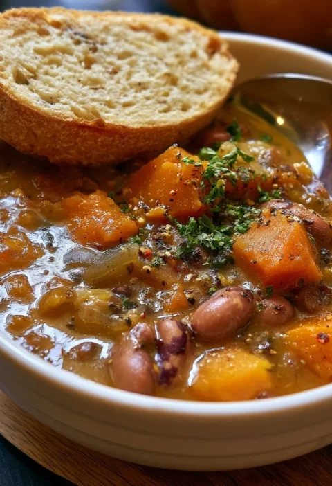 Minestra di fagioli borlotti e zucca servita in una ciotola