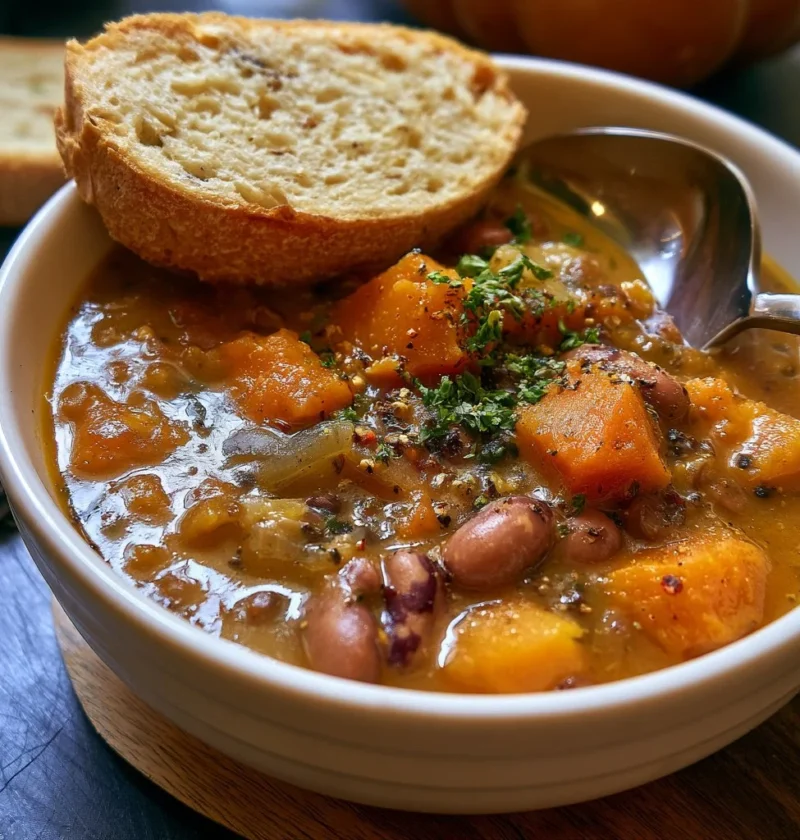 Minestra di fagioli borlotti e zucca servita in una ciotola