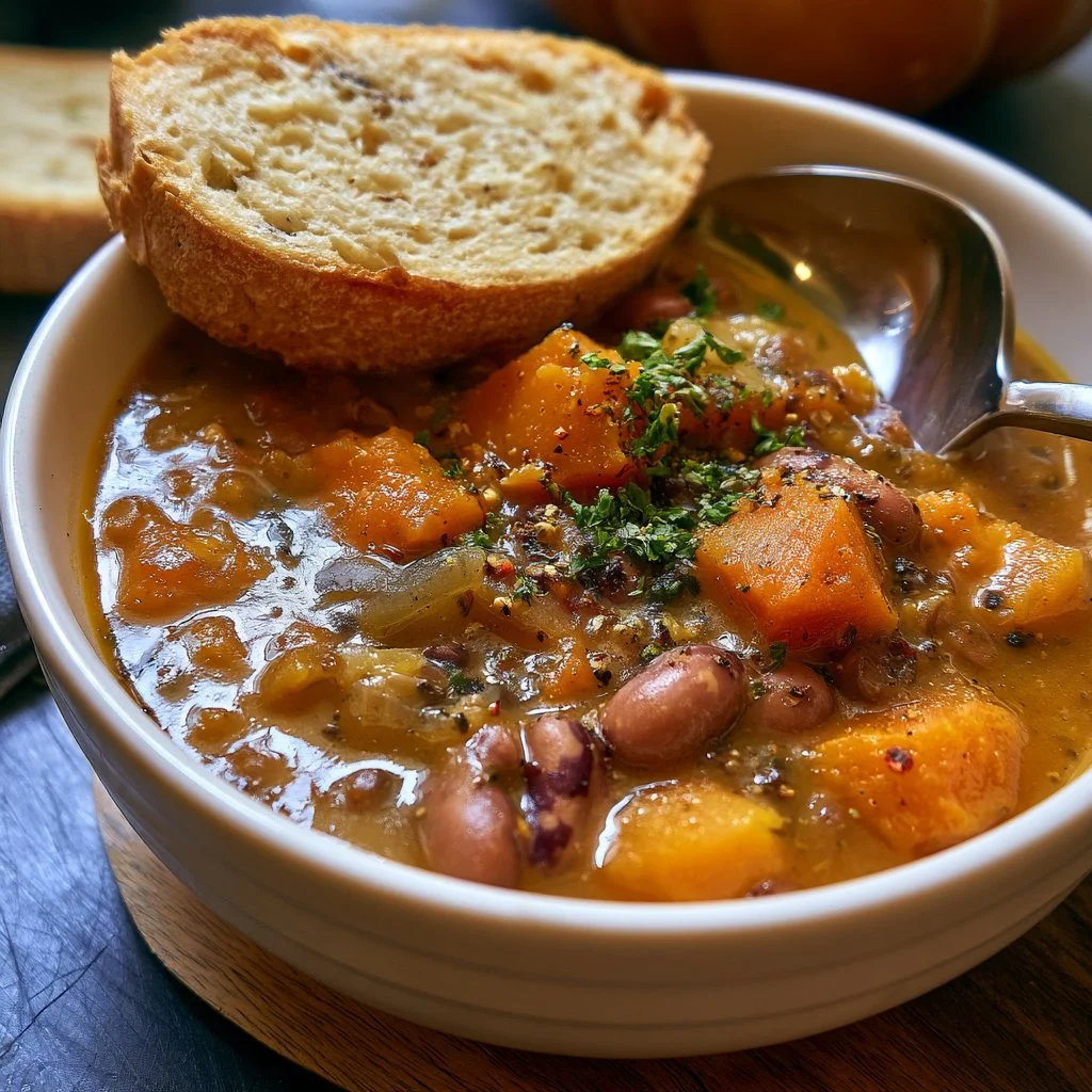 Minestra di fagioli borlotti e zucca servita in una ciotola
