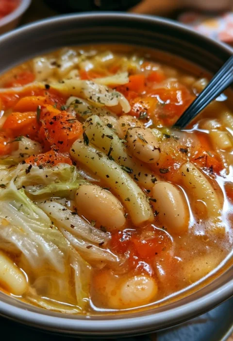 Minestra di fagioli con verza e pasta corta, piatto tradizionale italiano.