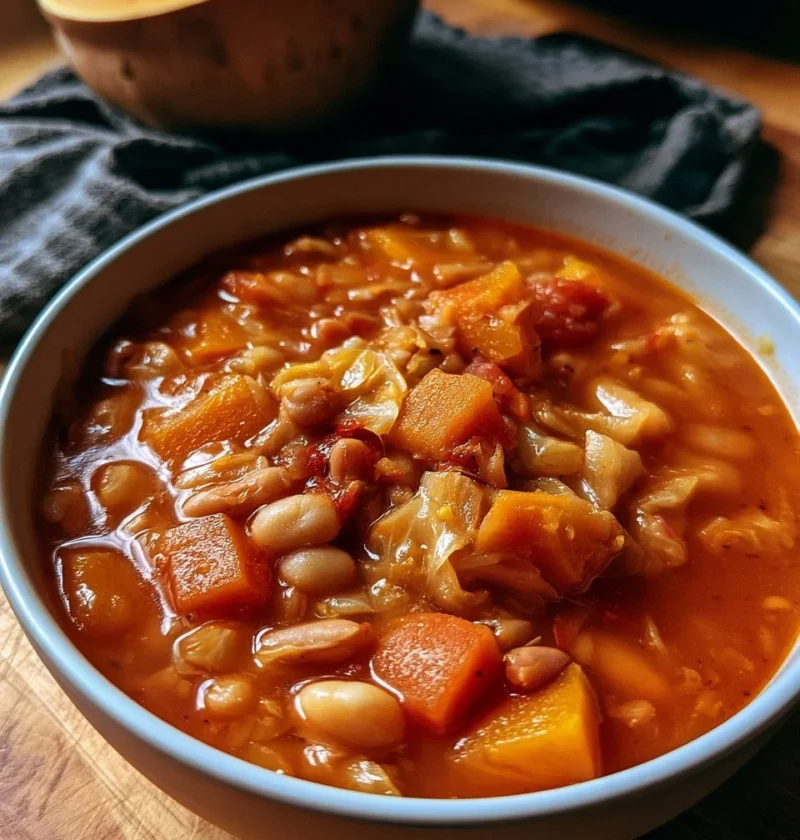 Minestrone autunnale con zucca, cavolo e fagioli in una ciotola