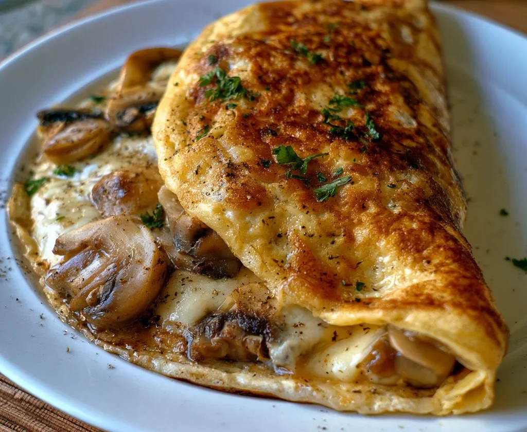 Omelette ai funghi e formaggio servita su un piatto gourmet.