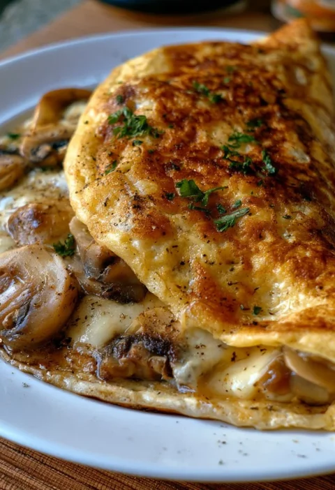 Omelette ai funghi e formaggio servita su un piatto gourmet.