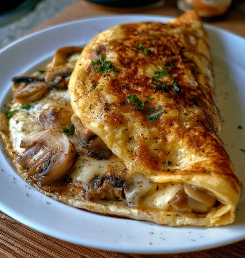 Omelette ai funghi e formaggio servita su un piatto gourmet.