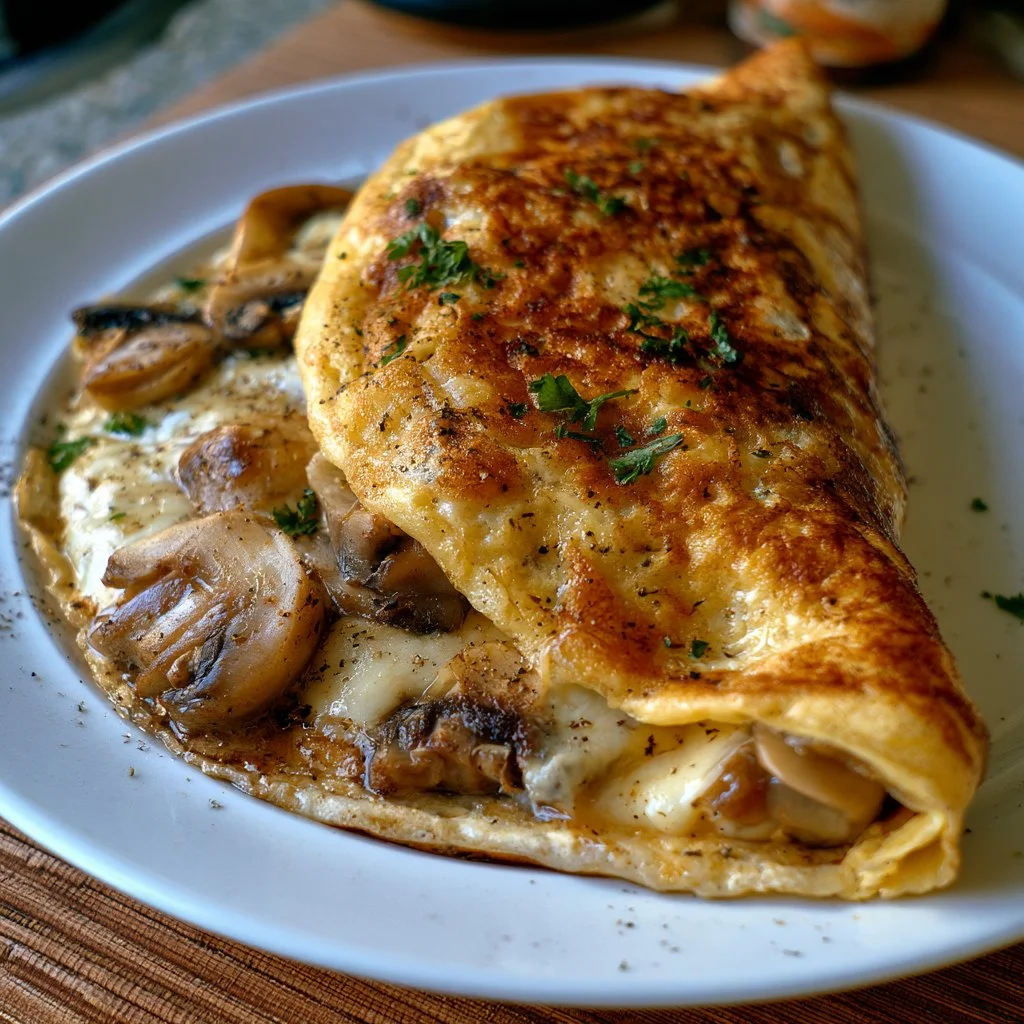 Omelette ai funghi e formaggio servita su un piatto gourmet.