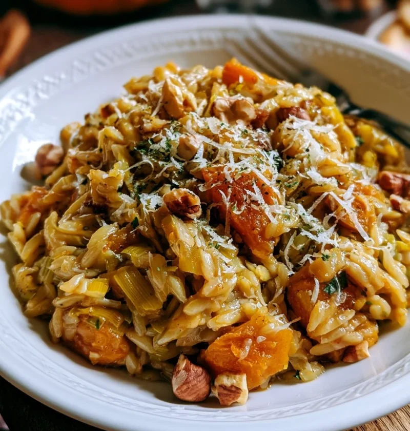 Orzotto alla zucca, porri e nocciole servito in un piatto elegante