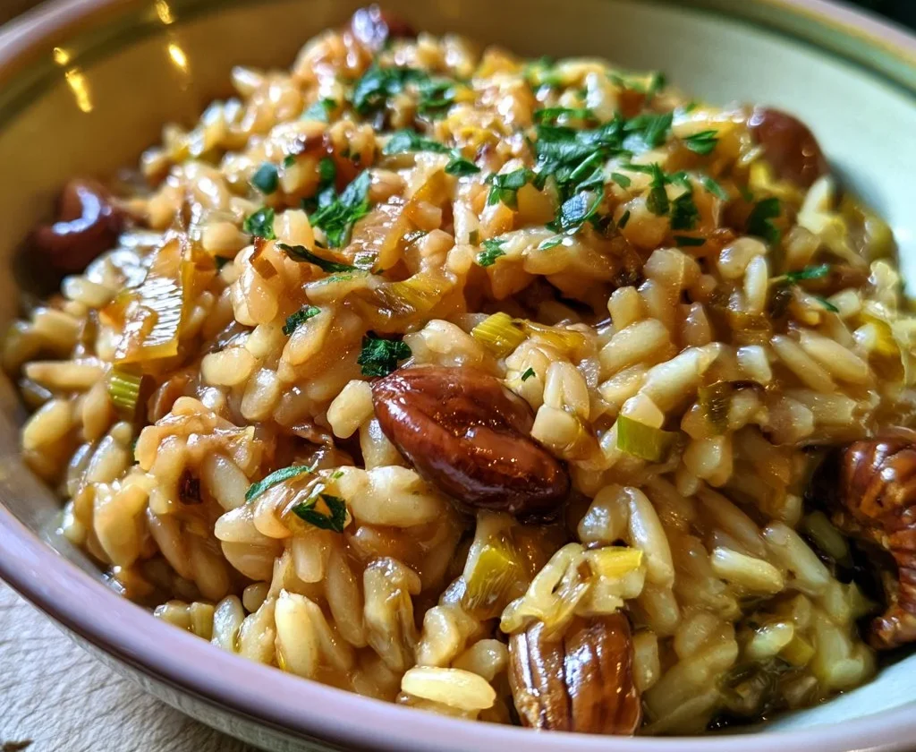 Orzotto con porri e castagne, un piatto autunnale gustoso e cremoso.