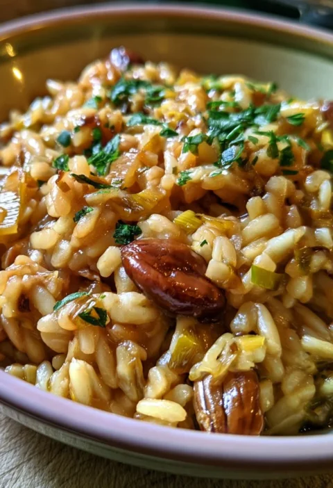 Orzotto con porri e castagne, un piatto autunnale gustoso e cremoso.
