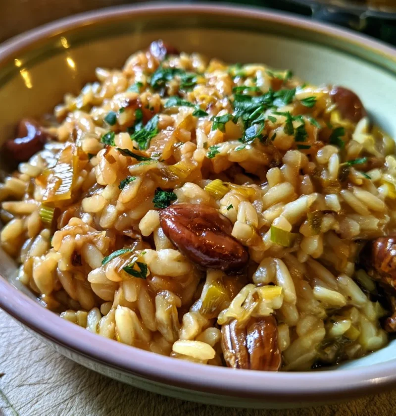 Orzotto con porri e castagne, un piatto autunnale gustoso e cremoso.