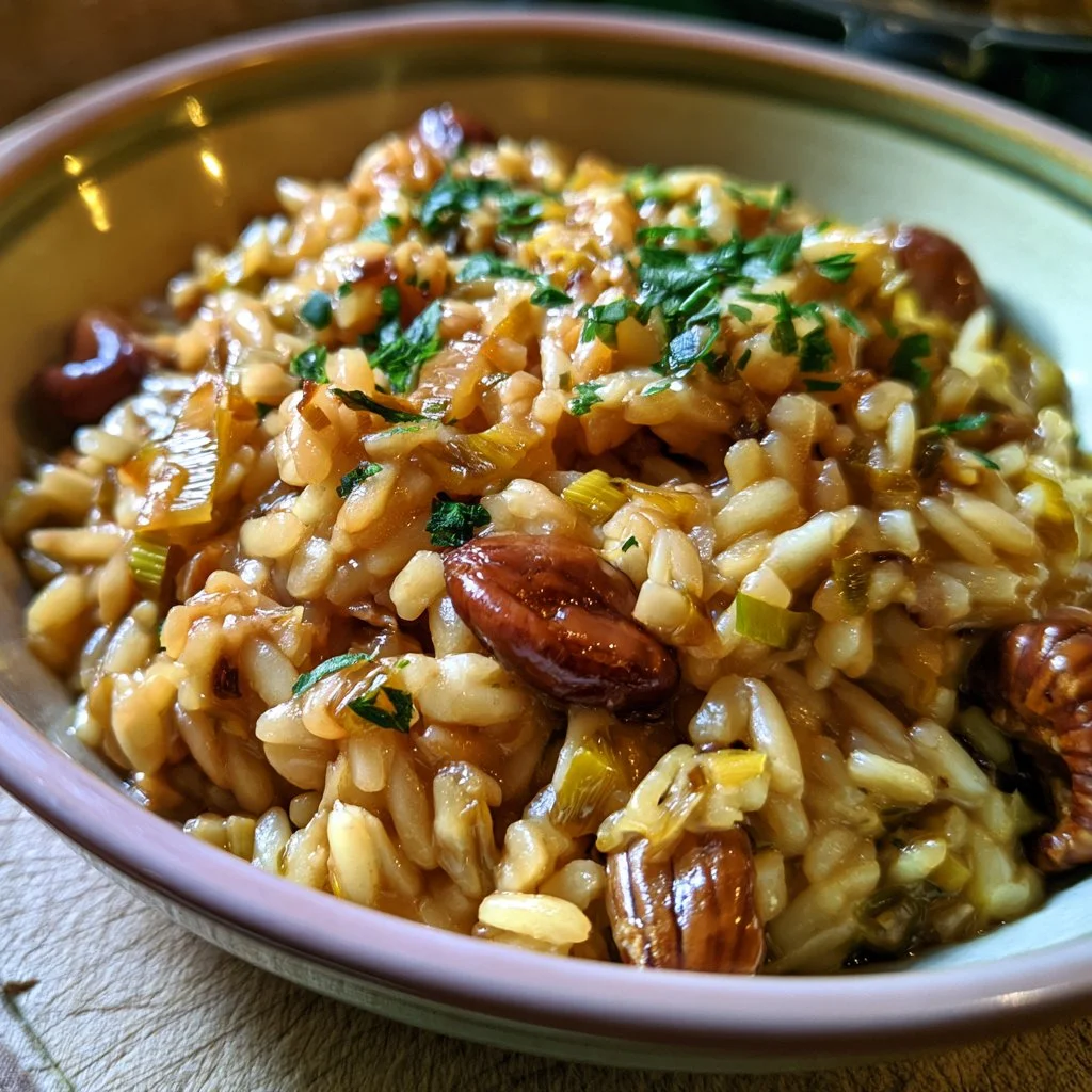 Orzotto con porri e castagne, un piatto autunnale gustoso e cremoso.